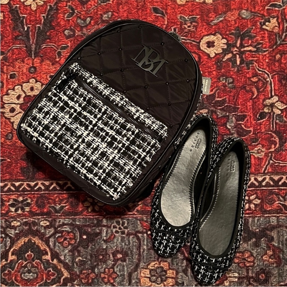 NWT- BADGLEY MISCHKA- QUILTED nylon BACKPACK only w BLACK/WHITE/SILVER TWEED